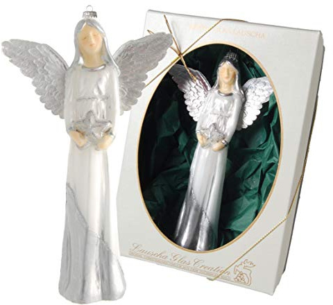 Dekohelden24 Original LAUSCHAER julgransprydnad – ängel i silver, munblåst och omsorgsfullt handdekorerad, ca 20 cm.