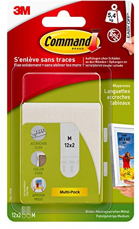 Command Languettes Accroches Tableaux Moyen Modèle, 12 x 2 Languettes, Blanc - Fixation sans Dommage