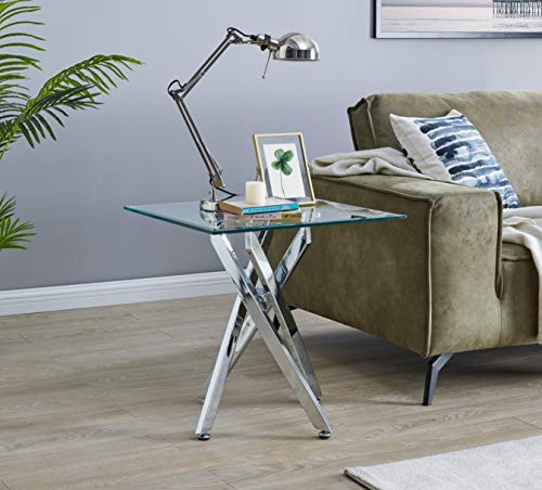 Furniturebox UK Leonardo Square Glass End Table/Side Table/Bedside Table with Chrome Metal Starburst Legs 55x55cm Modern Minimalist Style