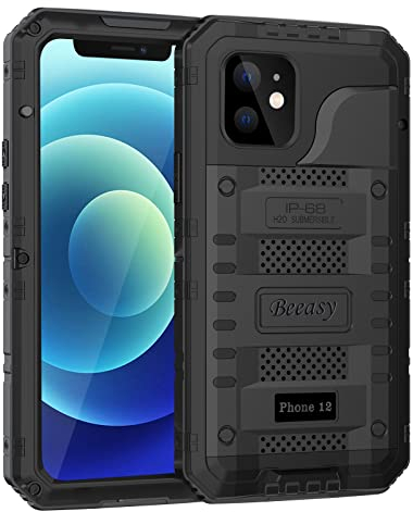 Beeasy für iPhone 12 Wasserdicht Outdoor Hülle (6,1), Stoßfest Panzerhülle Militär 360 Grad Schutzhülle mit Displayschutz, Robust Metall Heavy Duty Handyhülle iPhone 12 Case, Schwarz