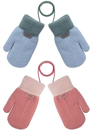 Guantes para Niños Guantes de Punto Cálido Guantes de Invierno Gruesos con Forro Polar Guantes de Cuello Colgante Manoplas de Dedo Completo para Niños y Niñas de 3 a 6 Años 2 Pares (Azul y Rosa)