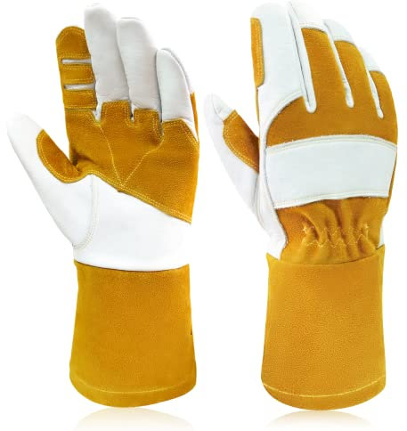 Intra-FIT Cowhide MIG Welding Gloves, Grain Leather Reinforcement on Palm and Index Finger, Long Cuff for Extra Protection for Forearm