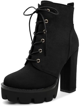 Mettesally Platform Boots for Women Chunky Block Heel Round Toe Lace Up Ankle Boots Fall Winter 5 Inch Black US Size 9.5R