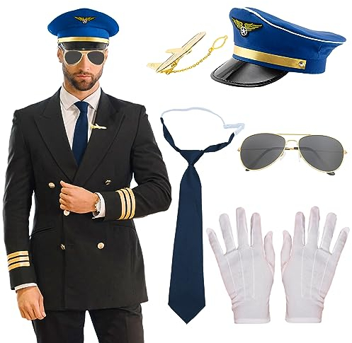 LaVenty Blau Pilot Kostüm Airline Pilot Captain Kostüm Pilot Dress up Zubehör Kapitänsmütze Chauffeur Mütze Pilot Kostüm Pilot Kostüm Kostüm Pilotin Pilotenmütze