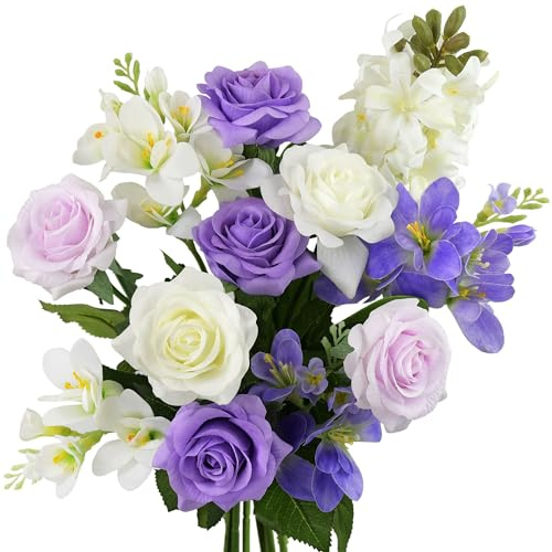 FiveSeasonStuff Ethereal Elegance: A Symphony of Serenity Floral Arrangement Bouquet of Real Touch Purple, Pale Lavender, White Roses, Purple and White Freesias and White Hyacinth Artificial Flowers