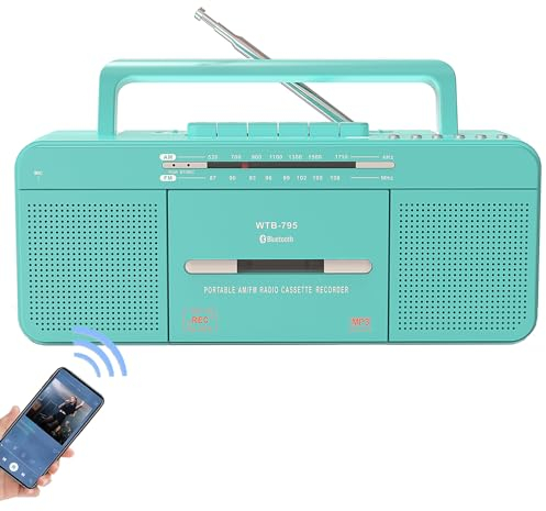 WISCENT Reproductor de Cassette con Radio estéreo USB/Bluetooth/Am/FM, convertidor de Casete a MP3, Altavoz Grande, Conector para Auriculares (Verde Reproductor de Cassette)