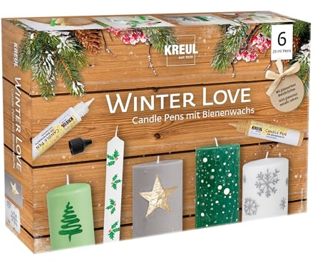 Kreul 49759 Candle Pen Set of 6 Winter Love, 6 x 29 ml, Fine Painting Tip, Colours with Beeswax for Decorating and Painting Candles