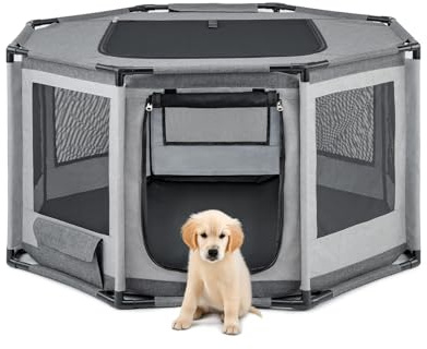 lionto Enclos pour Chien en Tissu Oxford, Filet Respirant avec Fermeture éclair et Poche latérale, Parc pour Chiens et Chats avec Cadre en Tubes PVC, Cage octogonale pour Chiens, 112x112x62 cm, Gris