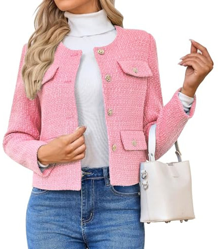 HUEOBIR Women's Tweed Blazers Jackets Casual Long Sleeve Button Down Business Short Casual Cropped Coats(Light Pink-L)