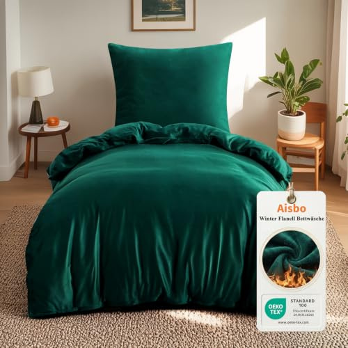 Aisbo Vinterplysch sängkläder 155 x 220 2 delar mörkgrön – flanell fluffigt varmt påslakan och örngott 80 x 80 cm, teddy fleece sammet kashmir touch vintersängkläder med dragkedja
