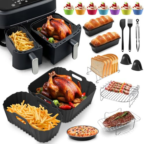 Lot de 19 accessoires de friteuse à air chaud pour Philips Dual Basket 3000 Series NA350, 5000 Series NA550 3L/6L & Cookwise Dual Air Fryer 9L, kit d'accessoires en silicone avec grille, gâteau et
