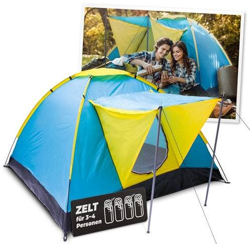 STREND PRO Campingzelt 4 Personen 205x205x120 cm – Zelt MIT VORZELT - Wurfzelt mit Markise, Kuppelzelt Wasserdicht, großes Zelt für Urlaub & Festival