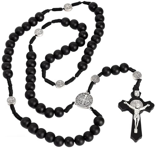 Azushwer Rosary Beads Necklace, Natural Wood Catholic Cross Necklace