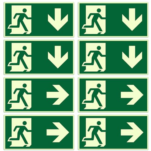 8 Pezzi Cartelli Uscita di Emergenza Luminosi Fotoluminescenti, Segnaletica Adesiva con Frecce Sinistra, Destra e Giù - Adesivi PVC per Interno/Esterno (30x15 cm) (Stile 2)