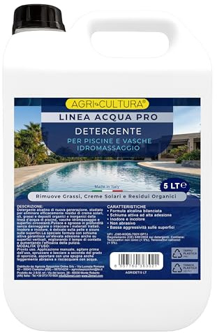 AGRI-CULTURA® | Detergente Piscine e Vasche Idromassaggio 5 LT | Sgrassante Bordo Piscina e Linea Acqua | Rimuove Creme Solari, Oli e Residui Organici | Detergente Professionale.
