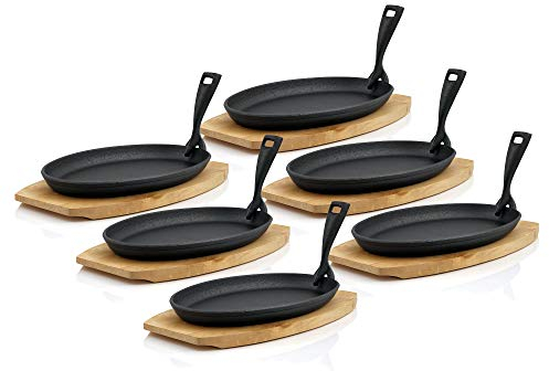 BBQ-Toro Sartén de Hierro Fundido con Base de Madera | 6 Piezas | 27 x 18 x 3 cm | Sartén Ovalada con Mango Extraíble | Sartén de Barbacoa de Hierro Fundido con Soporte de Madera para Servir