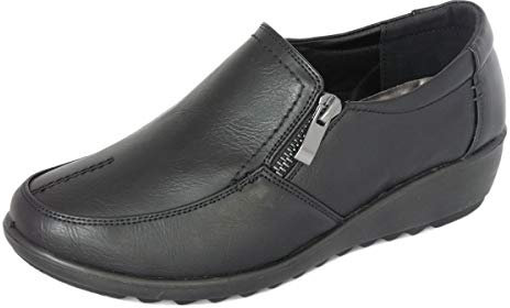 Cushion Walk Women's Black Wide Fit EEE Shoes Ladies Lightweight Faux Leather Slip-on Flat Zip Shoes, Flats, Casual Work Office Comfort (4 UK, Black)
