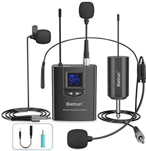 Bietrun UHF Wireless Lavalier Lapel Microphone System/Headset Mic/Stand Mic, 165ft Range, Rechargeable Transmitter Receiver, 1/4 Output, for iPhone,Android,PA Speaker,DSLR Camera,YouTube, Recording