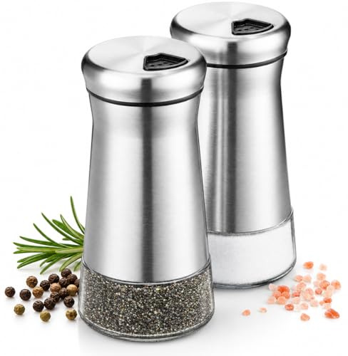 The Original Salt and Pepper Shakers set - Silver- Spice Dispenser with Adjustable Pour Holes - Stainless Steel & Glass Set of 2 Bottles