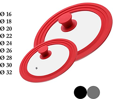 M.S.N Set di 2 coperchi universali in vetro, per pentole e padelle da 16, 18, 20 cm e 24, 26, 28 cm, con valvola di scarico e bordo in silicone