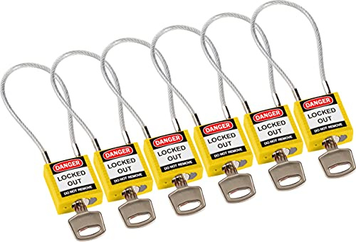 Brady Compact Cable Padlock 6-Pack - Lockout Tagout Security Lock - Safety Padlock with Nylon Body and Sheathed Steel Cable - Keyed Differently - 32mm x 35mm x 16mm - Cable Length 200mm, Yellow
