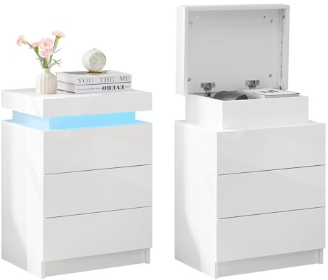 TUKAILAi Set of 2 Bedside Table with 3 Drawers & LED Light for Bedroom