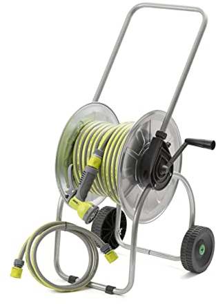REHAU Schlauchwagen mit Schlauch, vormontiertes Komplett-Set: Schlauchtrommel 50m aus Metall + 30m Gartenschlauch + 1,5m Verbindungsschlauch zum Wasserhahn + Gartenbrause + Anschlussarmaturen