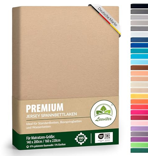 Premium Spannbettlaken, extra schwer und dick, 97% Mako-Jersey-Baumwolle und 3% Elasthan, auch Boxspringbett geeignet, 140 x 200-160 x 220 cm, Sand/Cappuccino