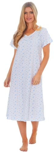 i-Smalls Women's Floral Nightdress 100% Cotton Short Sleeve Button Front Nightie (10-12) Blue