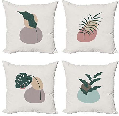 ABAKUHAUS Botanisch Dekokissen Kissenbezug 4er Pack, Weiche Blätter auf ovalen Formen Modern Accent Doppelseitiger Digitaldruck, 50 cm x 50 cm, Off White Mehrfarbig