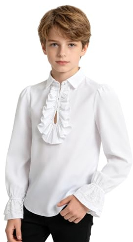 Mufeng Kids Ruffle Lace Cuffs Stand-Up Collar Shirt Long Sleeve Vintage Victorian Lotus Blouse Tops for Girls Boys White 5-6 Years
