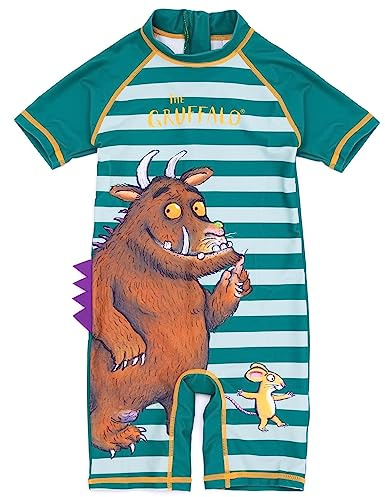 Gruffalo The Boys Swimsuit | Striped Green Wet Suit Swimming Costume for Kids | Childrens Woodland Book Character All in One Swimwear with Spikes | Cute Animated Surf Suit Beachwear Gift