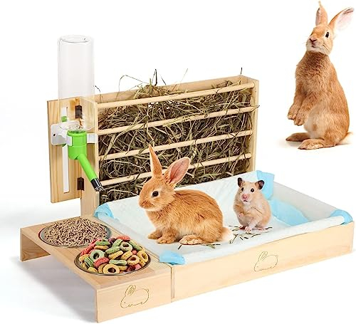 4-in-1-Kaninchen-Heu-Futterspender, Hasen-Heuraufe mit Kunststoff-Katzentoilette, Toilette, Schüsseln und Wasserflasche, Futter-Toiletten-Kombination für Hasen, Meerschweinchen, Hamster und Kleintiere