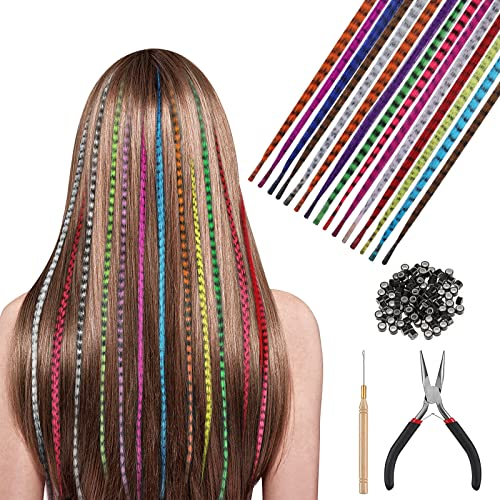 HIFOT Lot de 25 extensions de cheveux colorés, plumes d'extension de cheveux, accessoires cheveux pour fille, femmes, extensions de tresses fausses avec 100 anneaux pour cheveux et 1 crochet et 1