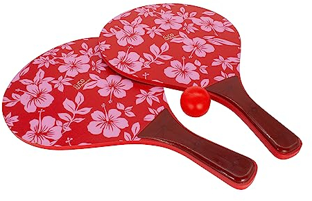 Beach Ball Spiel Holz Set Retro in rot mit Blumenmuster, 2 Holzschläger, 2 Bälle- Freizeitspaß für Strand und Garten - 3269