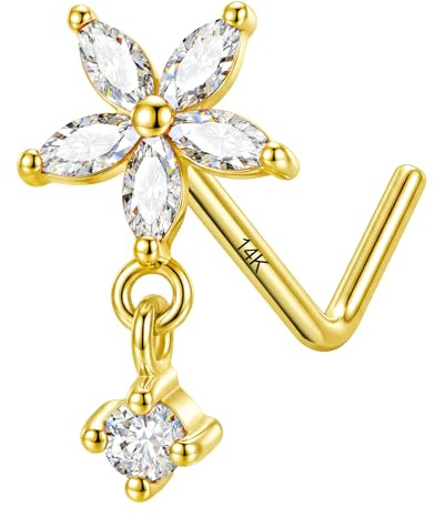 Jewseen 14K Solid Gelbgold Blume Nasenring Studs Nase Stud 20G L Shaped Nase Schraube Nase Knochen CZ Nase Piercings mit Dangle für Frauen Männer