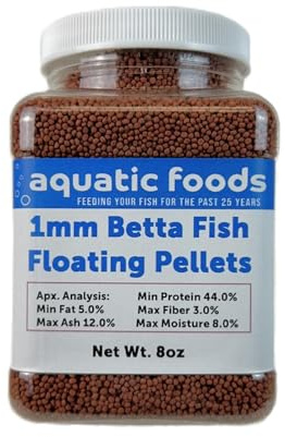 Aquatic Foods Inc. 1mm - 1/32 Floating Pellets for Bettas, Siamese Fighting Fish, Guppies, Tetras, Live Bearers, Baby Koi, All Smaller Tropical and Pond Fish...WL 8oz Sm Jar