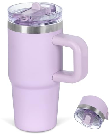 Cosictic 14 Oz Flip Straw Tumbler with Handle for Kids, Stainless Steel Double Wall Insulated Cup for Children with Flip Top Lid, 14 Oz Leak-proof Cups for Kids, Purple