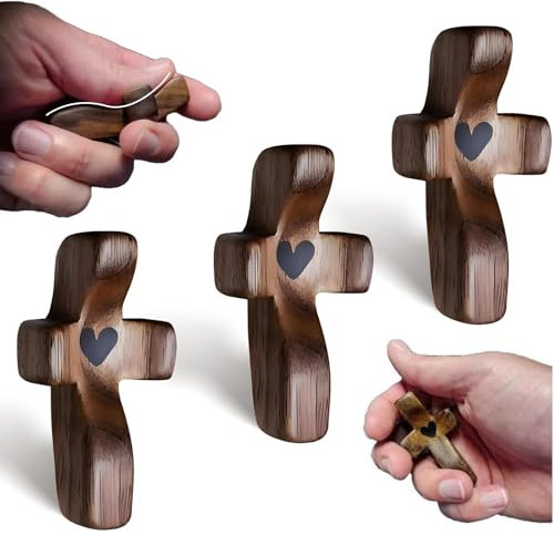 DXPETA 3 Pcs Wooden Cross, Cross My Heart Encouragement Gift,Handheld Wooden Protection Crosses With Epoxy Heart,Portable Wood Pocket For Religious Gift For Men Women