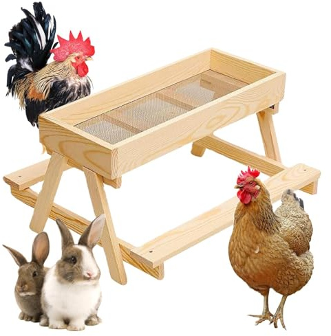 Mangeoire à table de pique-nique pour poules – Mangeoire à poulets de grande capacité – Support en bois pour extérieur de jardin, garde les aliments frais et secs pour canards dindes animaux de cour à