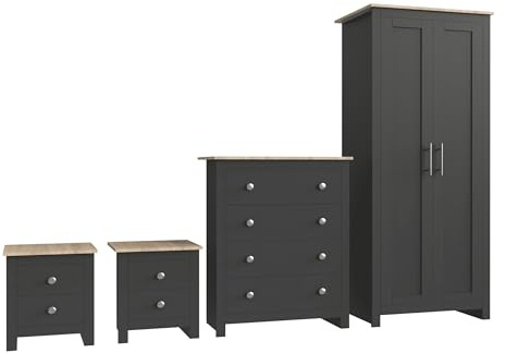 Nera 4 Piece Bedroom Furniture Set Wardrobe, 4 Drawer Chest and Bedside Cabinet Bedroom Storage (Grey on Oak)