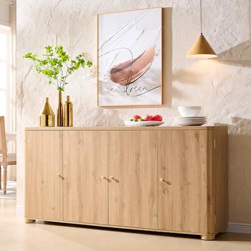 IFGET Curved Buffet Cabinet with Doors, 66 Large Sideboard Buffet Storage Cabinet with 4 Doors and Shleves, Modern Coffee Bar Station Wood Kitchen Table for Kitchen, Dining Room, Natural