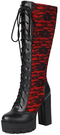 BEAUPAS Women's Lace Knee High Platform Boots Chunky Block Heel Gothic Lace-Up Combat Boots(Red,8)