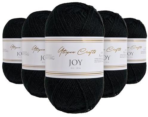Utopia Crafts JOY – Fil DK 100% Acrylique pour Tricot & Crochet – Aiguilles n°4 – Pack 5 Pelotes de 50g – Oeko-Tex Standard 100 – Bonnet, Écharpe, Couverture, Amigurumi, Noir
