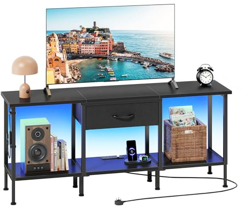 OYRREU TV Stand Cabinet LED for 55 50 Inch, TV Unit with Socket, USB Slots | TV Cabinet with Fabric Drawer and Open Shelves, 120 cm TV Stand, Entertainment Center for Living Room Bedroom, Black