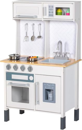 BRINJOY Kinderküche,Kleinkind Küche mit Wasserhahn, Spülbecken, Herd, Ofen, Geschirr, Aufbewahrungsschränke, Kleinkind Rollenspiel Spielzeug Küche Set Geschenk für Mädchen Jungen 3+ (Weiß) (Weiß)