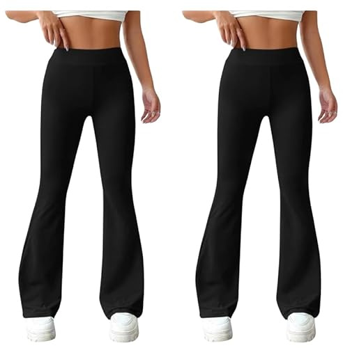 2 Pack Women’s Flared Trouser High Waist Bootcut Pants – Black Ribbed Stretch Trousers 27/29/31 Lengths | Twin Pack Flare Work Slack Women Gym Office Pull Up Bootleg Yoga Bottoms- Black 12W/29L