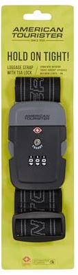 American Tourister - Cinghia per Bagagli con Lucchetto TSA, Cintura Sicura per Valigia da Viaggio, Nero/Grigio
