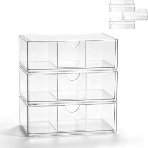Confezione da 3 scatole portaoggetti impilabili in acrilico con cassetto, 20,5 x 10 x 7 cm, scatola con cassetto trasparente con divisori rimovibili per gioielli, capsule di caffè, prodotti per la