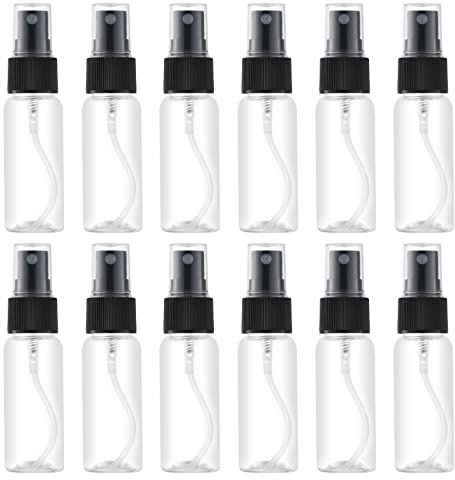 LISAPACK 1oz Small Plastic Spray Bottle (12 Pack) Empty Mini Fine Mist Travel Size Atomizer, Tiny Sprayer for Little Perfume, Water, Cologne, Alcohol, Samples (Clear, 30ml)